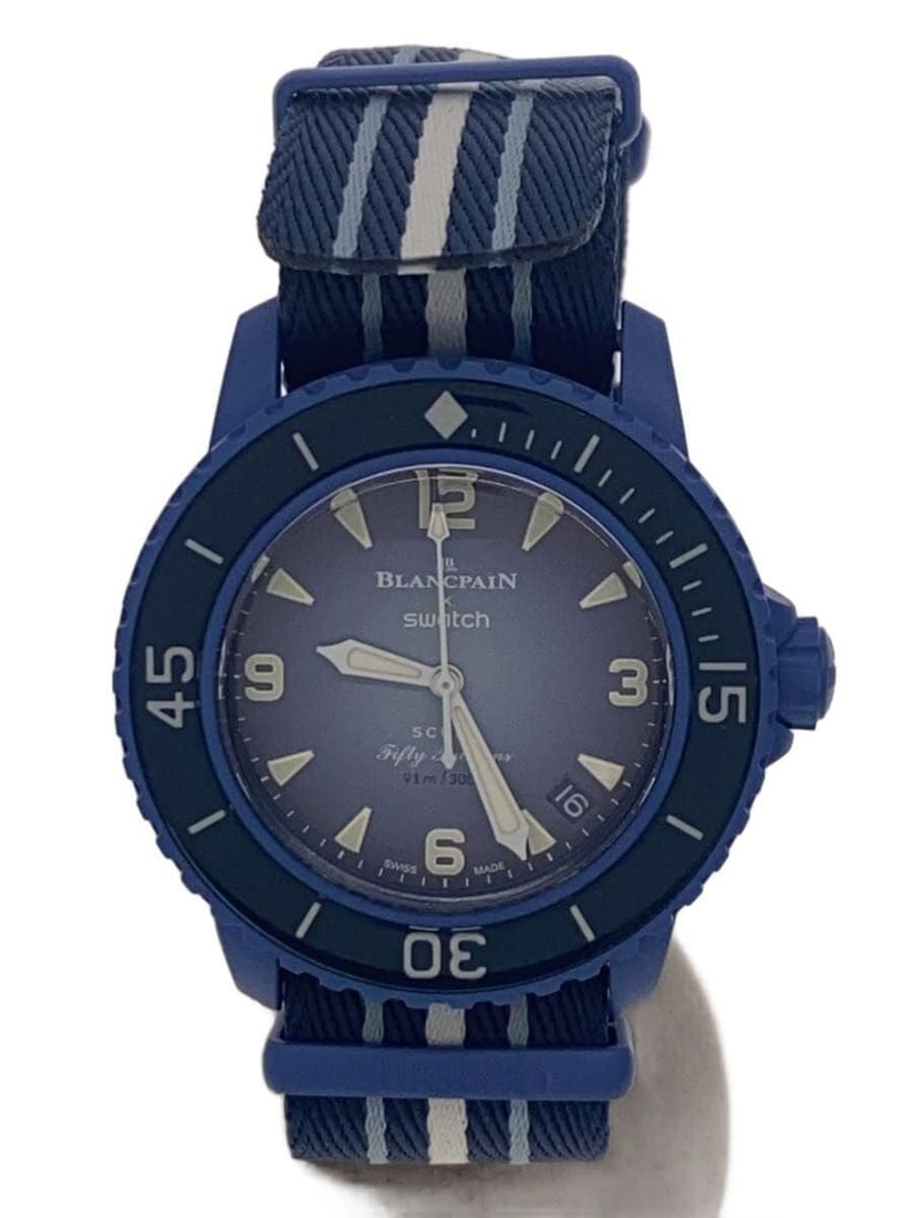 Blancpain x Swatch Blue Bio Ceramic Fifty Fathoms Men's Wristwatch: Blancpain x Swatch Blue Bio Ceramic Fifty Fathoms Men's Wristwatch This BLANCPAINxSWATCH Bio Ceramic Scuba Fifty Fathoms S035A100 men's wristwatch features a blue design and Swiss origin. It is in pre
