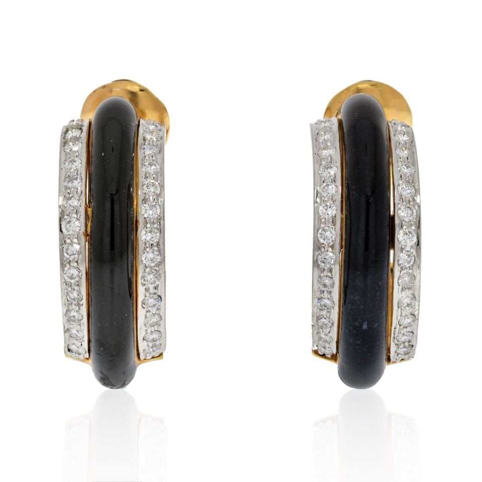 David Webb Platinum 18K Yellow Gold Black Enamel Diamond Hoop Earrings: David Webb Platinum 18K Yellow Gold Black Enamel Diamond Hoop Earrings These exquisite David Webb earrings feature a stunning combination of platinum and 18K yellow gold, adorned with black enamel and