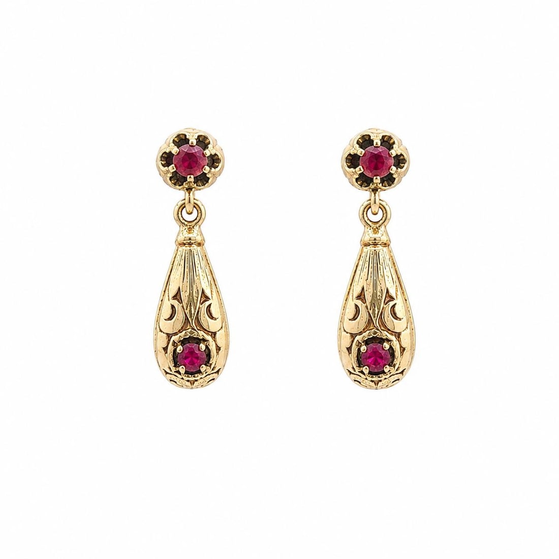 Unbranded 14k Yellow Gold Ruby Teardrop Dangle Earrings: Unbranded 14k Yellow Gold Ruby Teardrop Dangle Earrings Antique ornate dangle drop earrings crafted in solid 14k yellow gold and set with natural genuine rubies. These petite teardrop earrings feature