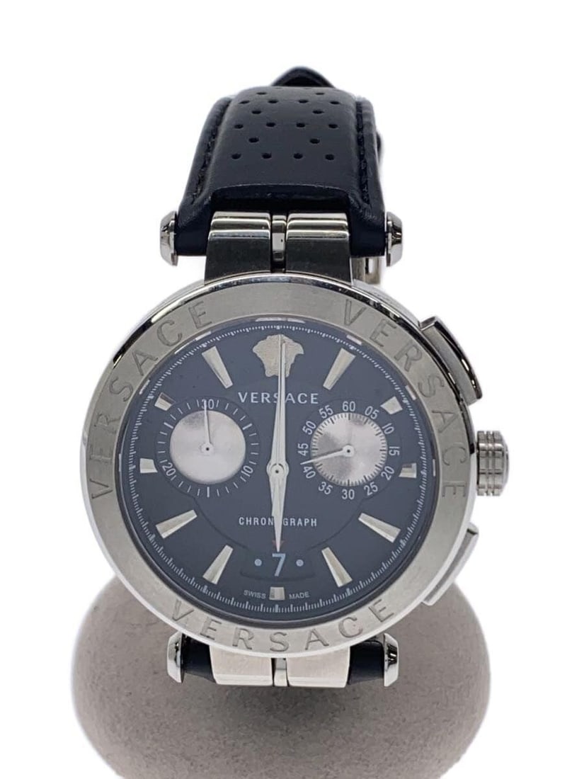 Versace Aion VE1D Men's Black Leather Chronograph Watch: Versace Aion VE1D Men's Black Leather Chronograph Watch This VERSACE AION Chronograph VE1D men's wristwatch features a black dial and leather band, offering a sophisticated look. Sourced and made in S