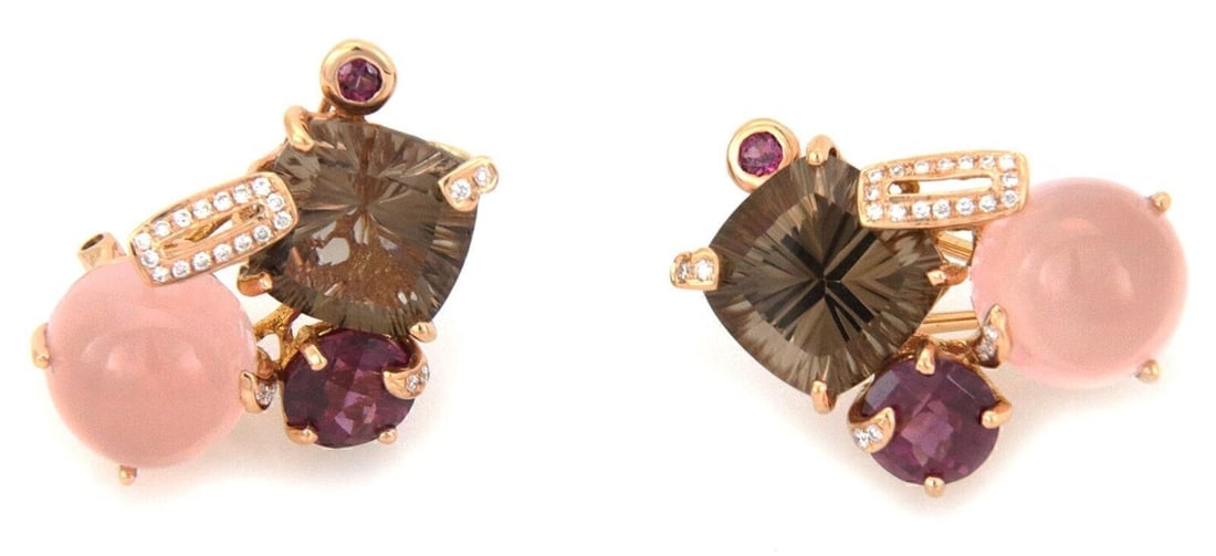Bellarri Gemstone Huggie Earrings in 18k Rose Gold with Diamonds: Bellarri Gemstone Huggie Earrings in 18k Rose Gold with Diamonds Pre-owned Bellarri huggie earrings in 18k rose gold with a sculptural multi-gem design and diamond accents. This pair features natural 