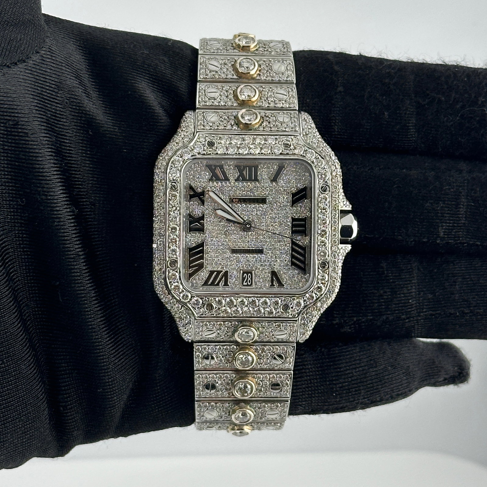 Cartier Santos Ref 4072 Men's Watch with Iced Out Roman Dial and Bracelet: Cartier Santos Ref 4072 Men's Watch with Iced Out Roman Dial and Bracelet This is a men's Cartier Santos watch, reference number 4072, featuring an iced out Roman dial, an iced out bezel, and an iced 