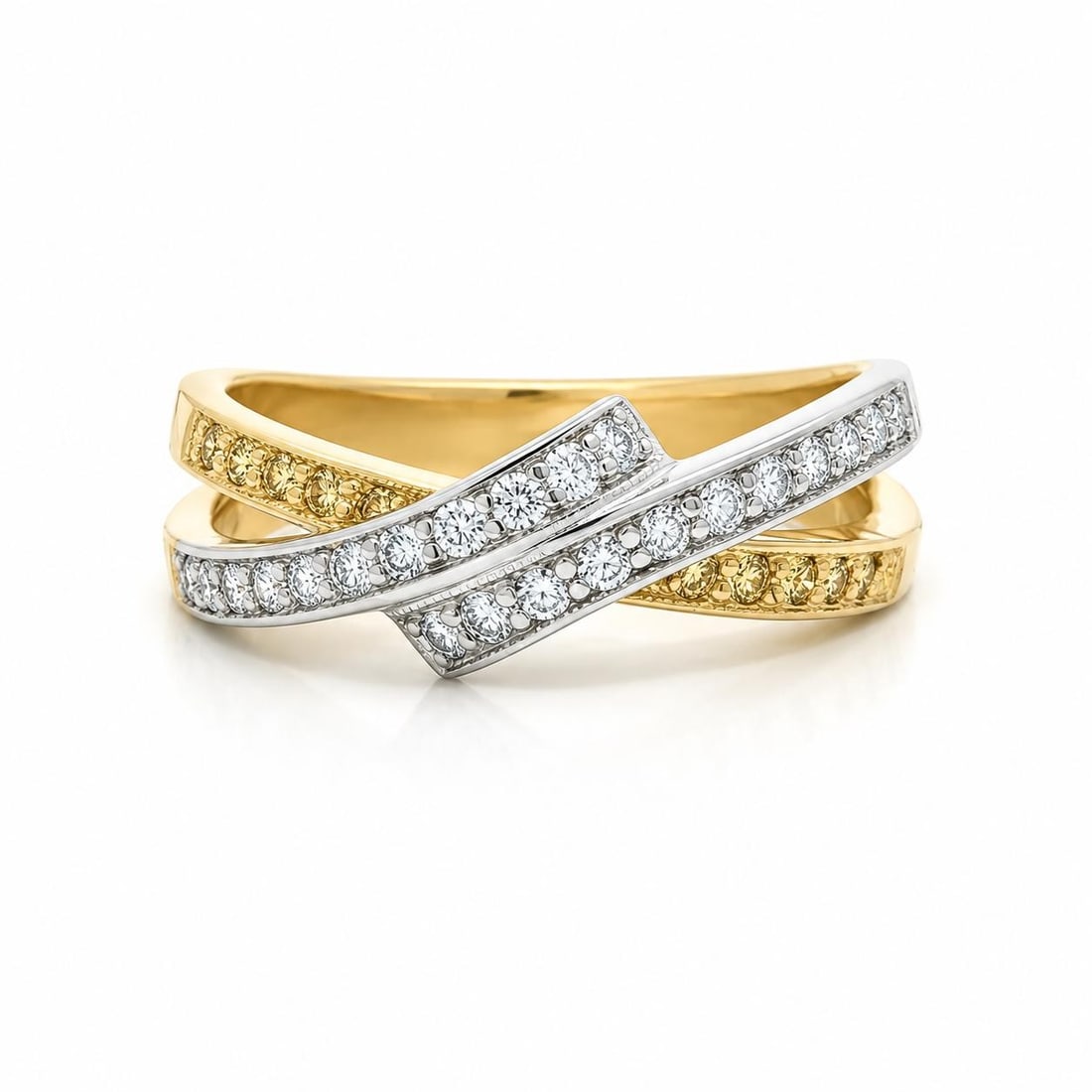 Unbranded 18k Yellow White Gold Crossover Band Ring 0.41ctw Diamonds: Unbranded 18k Yellow White Gold Crossover Band Ring 0.41ctw Diamonds Elegant crossover band ring crafted in solid 18k yellow and white gold, set with natural fancy yellow and white diamonds in a pave 