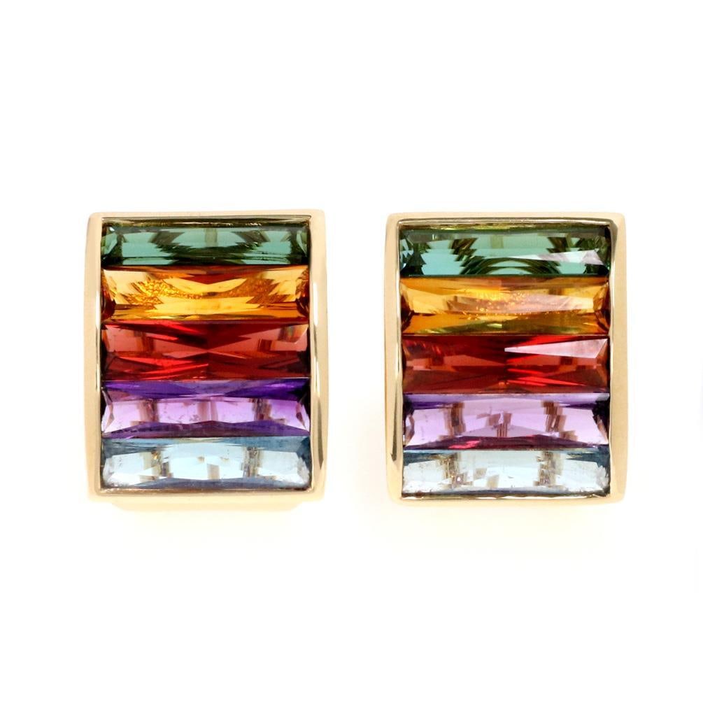 Stunning 18k Yellow Gold Multi-Color Tourmaline Huggie Earrings: Stunning 18k Yellow Gold Multi-Color Tourmaline Huggie Earrings This stunning pair of huggie earrings is crafted from 18k yellow gold, showcasing a unique curved design that measures 15.5mm in width. 