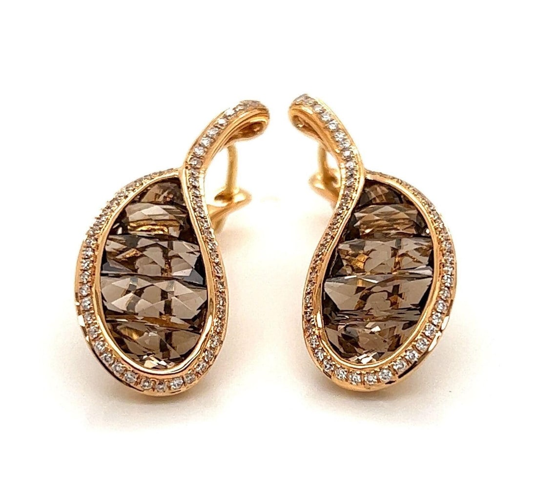 BELLARRI Open Loop Drop Earrings 18k Rose Gold Smoky Quartz Diamond: BELLARRI Open Loop Drop Earrings 18k Rose Gold Smoky Quartz Diamond Pre-owned Bellarri dangle earrings with an open loop drop design in 18k rose gold. The earrings feature natural smoky quartz and nat