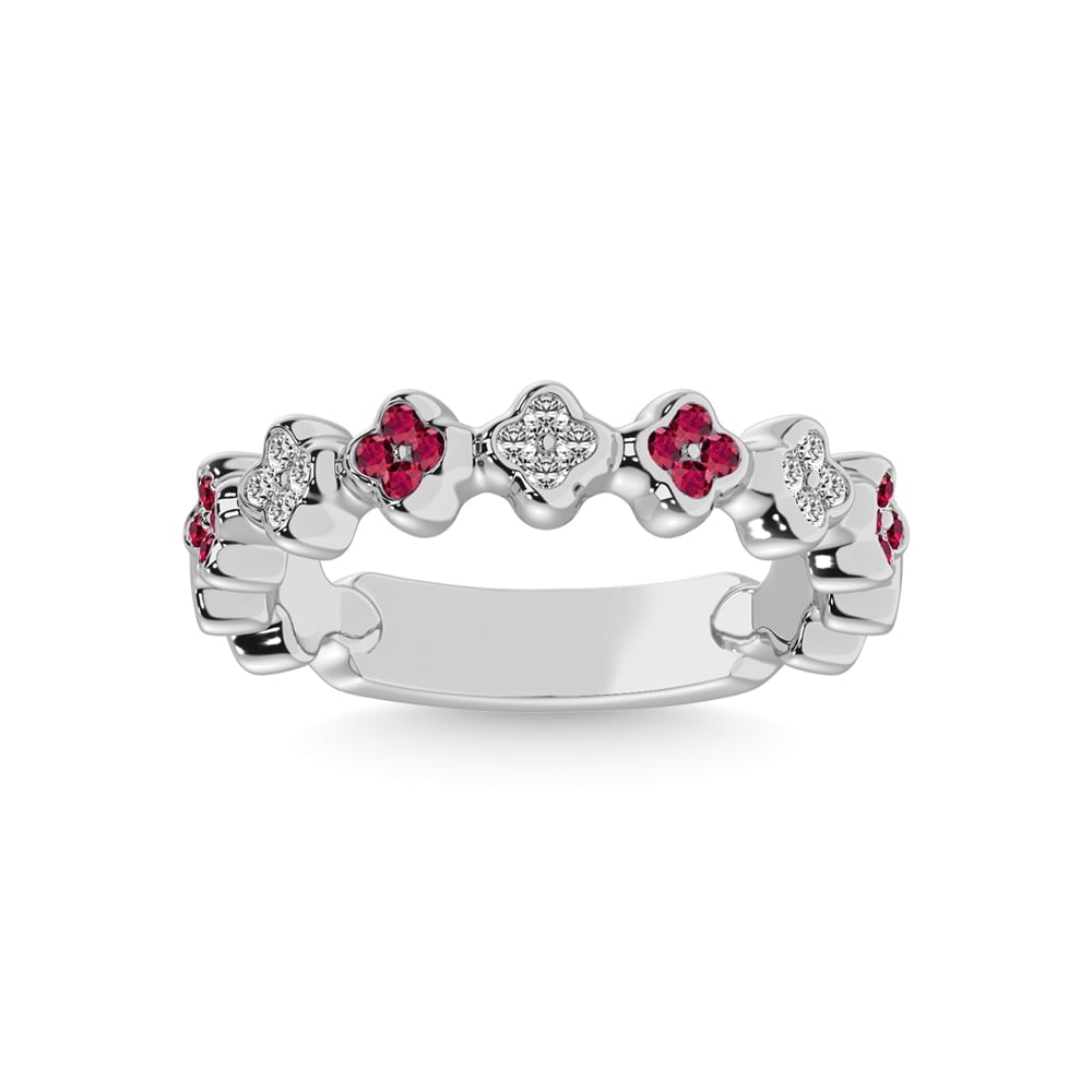 14K White Gold 1/3 Ct.tw Alternate Ruby & Diamond Stackable Band: 14K White Gold 1/3 Ct.tw Alternate Ruby & Diamond Stackable Band Add a pop of color to your Collection with fun diamond accent and gemstone stack ring. This 14K White Gold stackable band will be prong