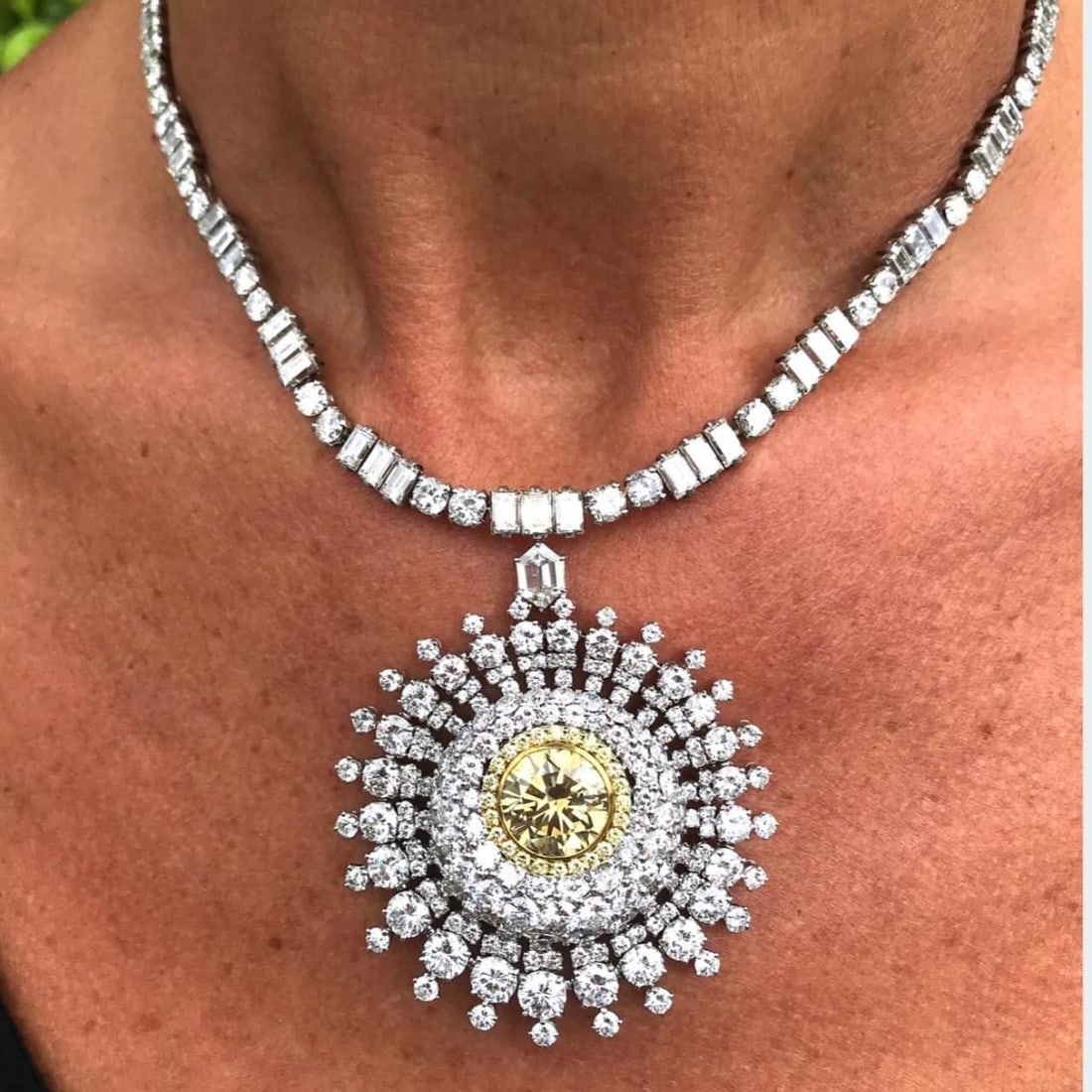 GIA Certified Platinum Necklace With 53.62 Ct Fancy Color Diamonds: GIA Certified Platinum Necklace With 53.62 Ct Fancy Color Diamonds This platinum necklace features a total diamond weight of 53.62 carats. It is set with a GIA certified natural fancy brownish yellow 
