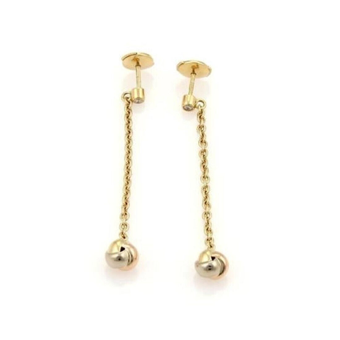 Cartier Love Knot 18k Tri Color Gold Diamond Drop Earrings with Certificate: Cartier Love Knot 18k Tri Color Gold Diamond Drop Earrings with Certificate Pre-owned Cartier Diamond Love Knot drop dangle earrings crafted in 18k tri-color gold with natural diamond accents. The elo