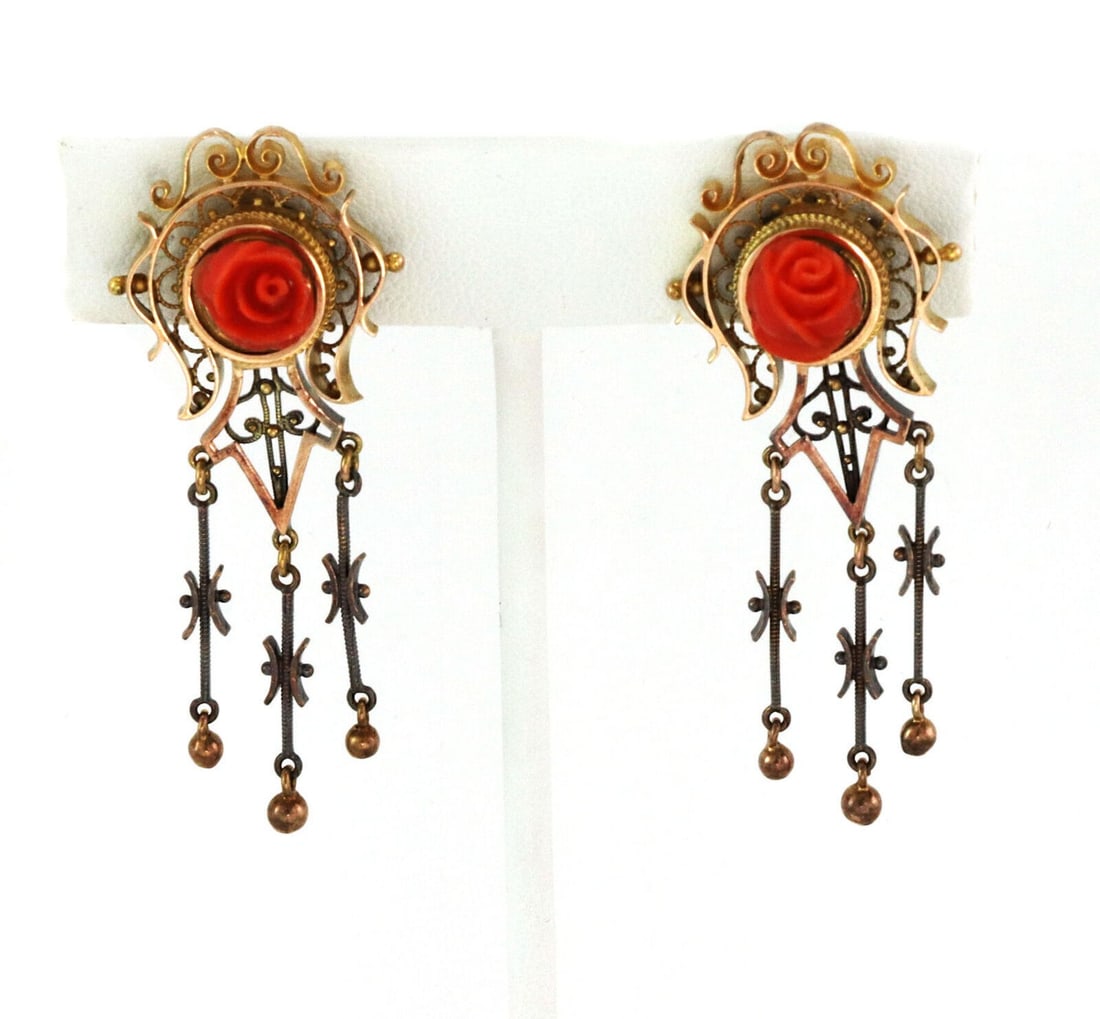 14k Yellow Gold Victorian Dangle Earrings with Carved Coral Rose Screw Backs: 14k Yellow Gold Victorian Dangle Earrings with Carved Coral Rose Screw Backs Antique Victorian screw-back dangle earrings featuring hand-carved natural coral rose drops. Crafted in 14k yellow gold wit