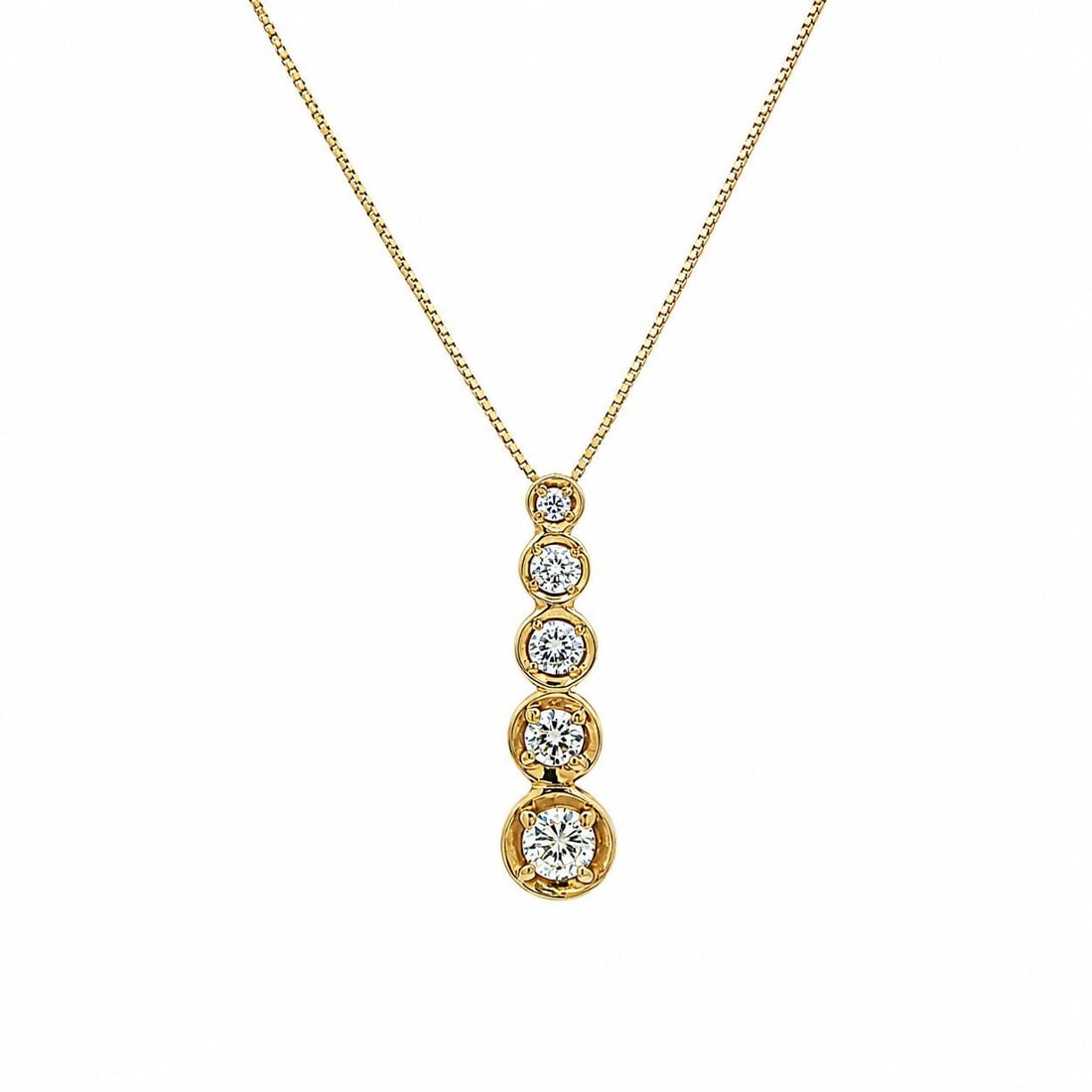14k Yellow Gold Diamond Journey Drop Pendant Necklace 0.45ctw: 14k Yellow Gold Diamond Journey Drop Pendant Necklace 0.45ctw Pre-owned graduated bubble drop journey pendant necklace in yellow gold, set with five natural genuine round brilliant cut diamonds. This 