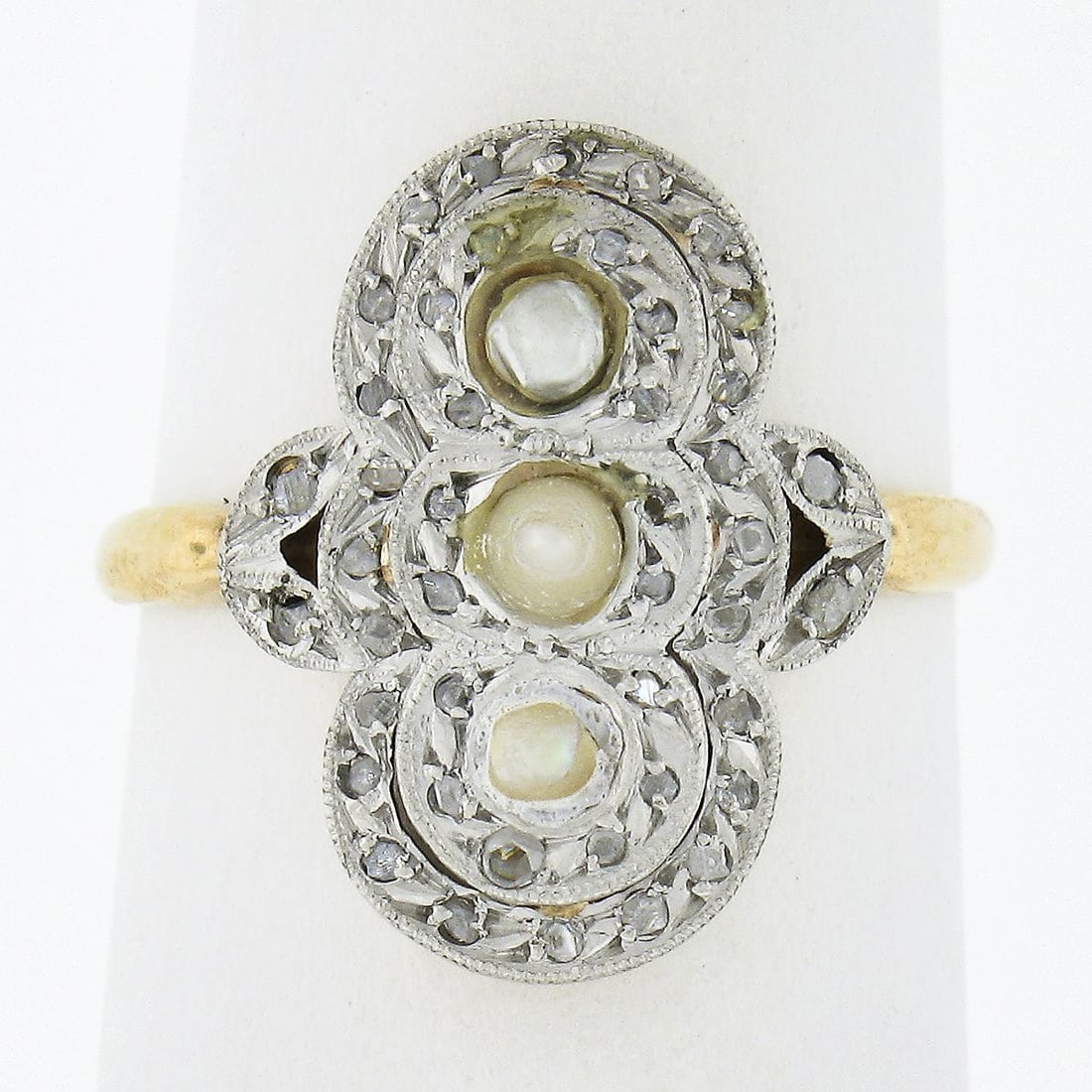 Edwardian cocktail ring in gold platinum with diamonds and seed pearls: Edwardian cocktail ring in gold platinum with diamonds and seed pearls Antique Edwardian cocktail ring featuring natural old rose cut diamonds and genuine seed pearls in a tulip sides design. Crafted 