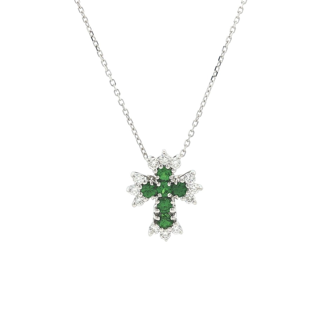 18k White Gold Cross Necklace with Tsavorite and Diamond Pendant (1 of 11)