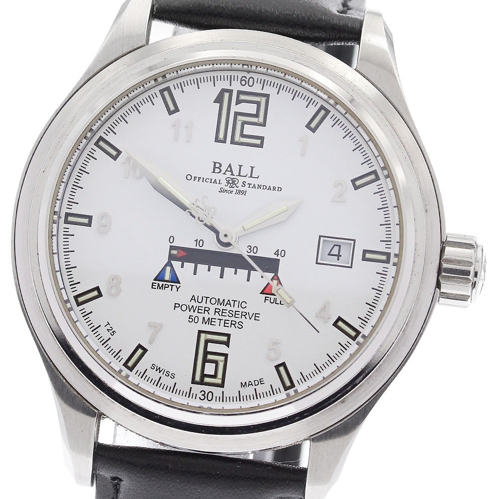 BALLWATCH Trainmaster automatic date power reserve men's wristwatch: BALLWATCH Trainmaster automatic date power reserve men's wristwatch This BALLWATCH Trainmaster Power Reserve men's wristwatch features a stainless steel case and a white dial, complemented by a new af