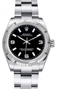 Ladies Rolex 177210 Oyster Perpetual Black Dial Engine Turned Bezel: Ladies Rolex 177210 Oyster Perpetual Black Dial Engine Turned Bezel This ladies Rolex Oyster Perpetual features a striking black dial, complemented by an engine turned bezel and an Oyster bracelet. Th
