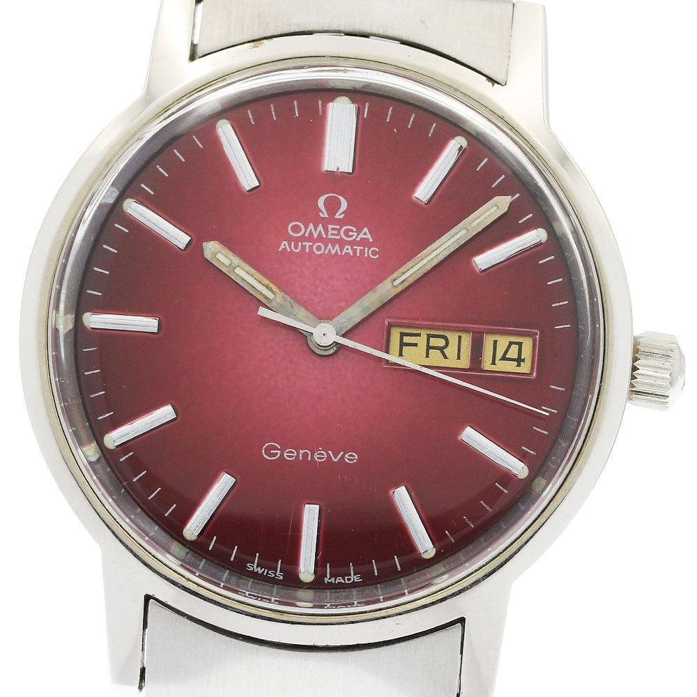 OMEGA Geneve Day-Date Automatic Mens Watch Ref 166.0174 366.0833 Cal 1022: OMEGA Geneve Day-Date Automatic Mens Watch Ref 166.0174 366.0833 Cal 1022 Omega Geneve men's automatic wristwatch, reference 166.0174/366.0833, with Day-Date function. It features a red dial, stainles