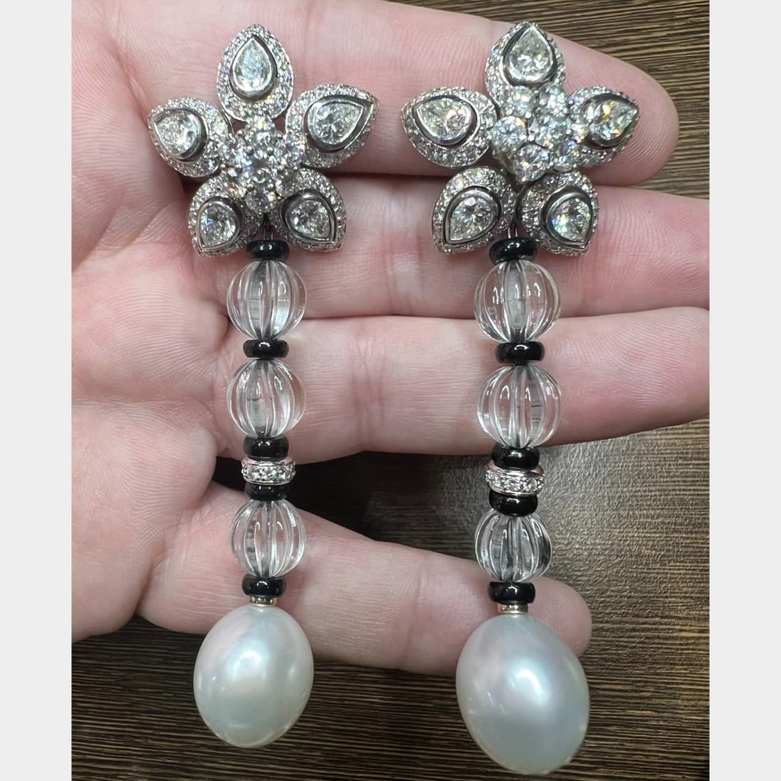 Ellagem 18K 14K White Gold Diamond Onyx Earrings with South Sea Pearls: Ellagem 18K 14K White Gold Diamond Onyx Earrings with South Sea Pearls These stunning earrings feature a luxurious combination of 18K and 14K white gold set with exquisite diamonds, crystals, and onyx