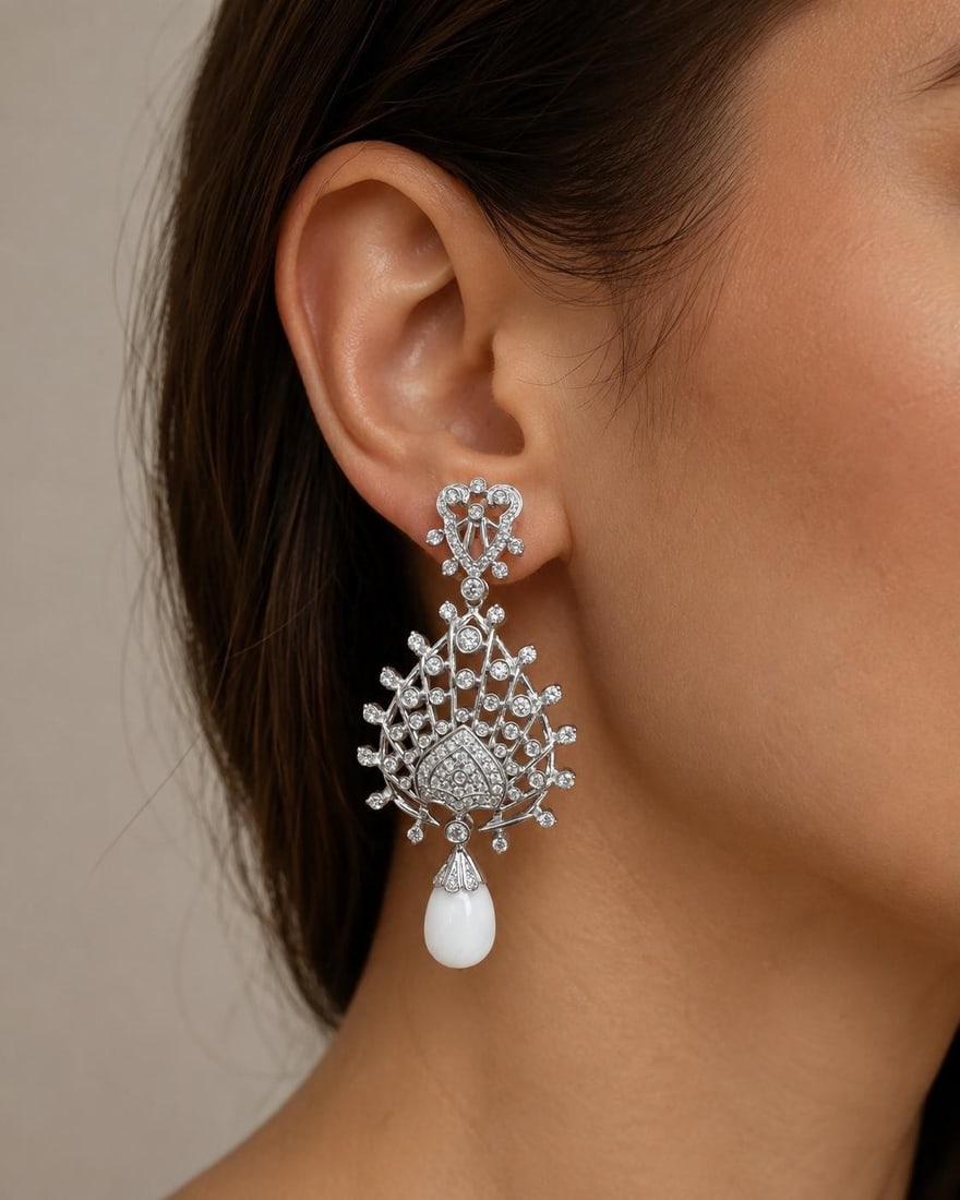 Pearl and Diamond Peacock Drop Earrings in 18k White Gold: Pearl and Diamond Peacock Drop Earrings in 18k White Gold Elegant peacock-inspired drop dangle earrings crafted in solid 18k white gold with 14k gold backs. The design features two genuine cultured mo