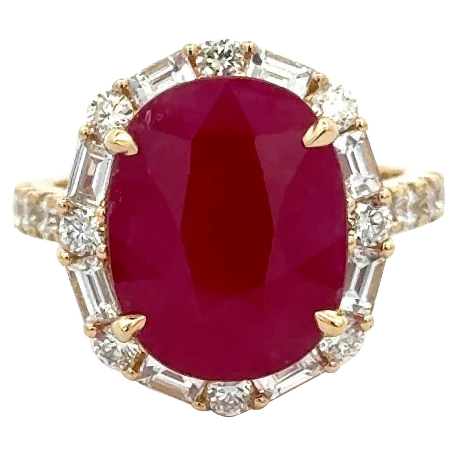 Statement Ring with Oval Ruby and Diamond Halo in 18K Yellow Gold 5.6g: Statement Ring with Oval Ruby and Diamond Halo in 18K Yellow Gold 5.6g This contemporary cocktail ring features a vivid 7.37-carat natural oval ruby at its center, encircled by a halo of 1.42 carats o