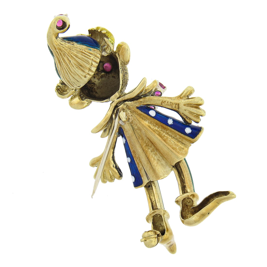 Vintage Martin 18K Gold Ruby Enamel Clown Brooch with Moving Head: Vintage Martin 18K Gold Ruby Enamel Clown Brooch with Moving Head This charming vintage brooch features a delightful clown design, intricately crafted in 18K yellow gold. The brooch showcases a vibran