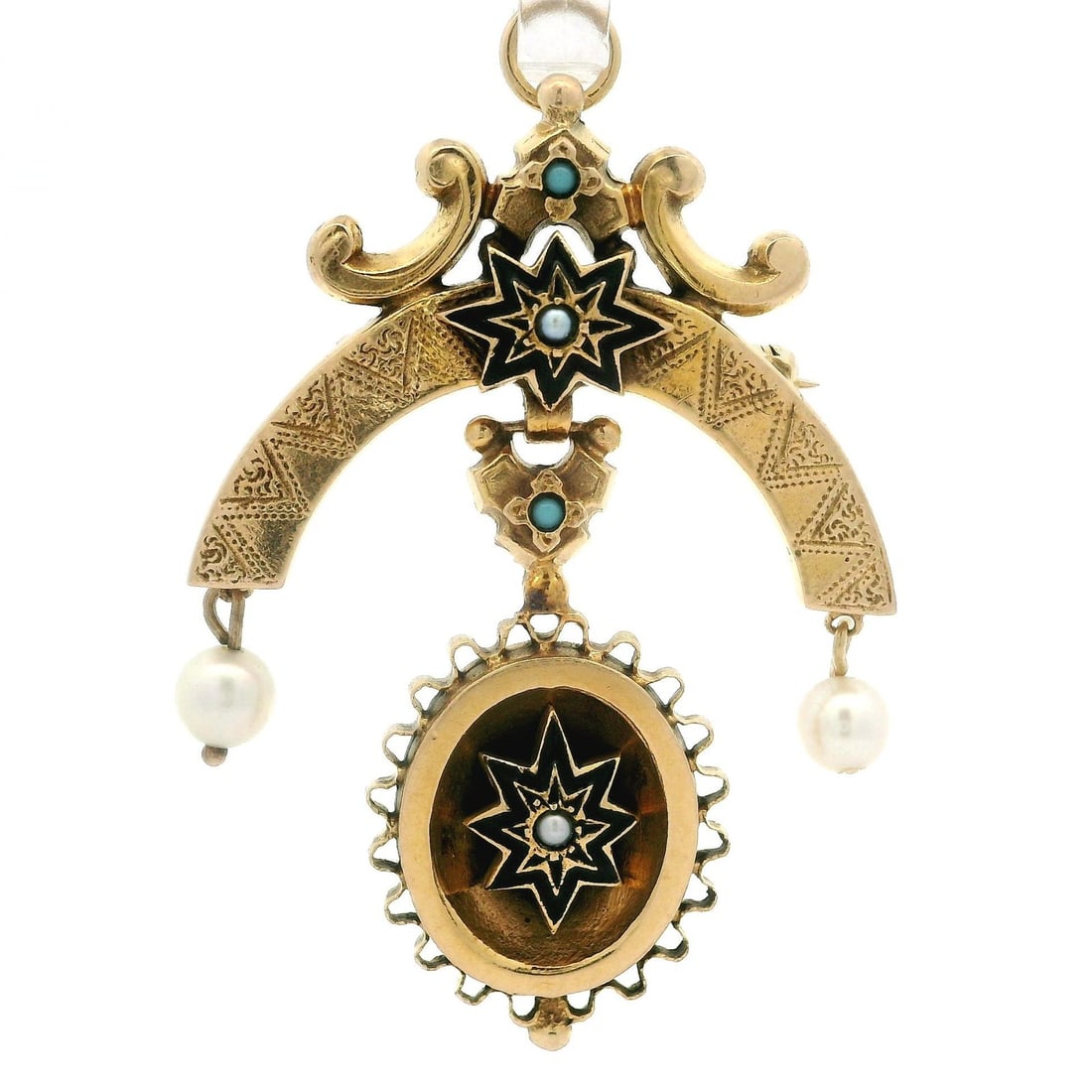 Victorian Revival 14k Gold Pearl Turquoise Enamel Dangle Brooch Pendant: Victorian Revival 14k Gold Pearl Turquoise Enamel Dangle Brooch Pendant This exquisite Victorian Revival brooch pendant features a stunning combination of genuine cultured pearls and turquoise set in 