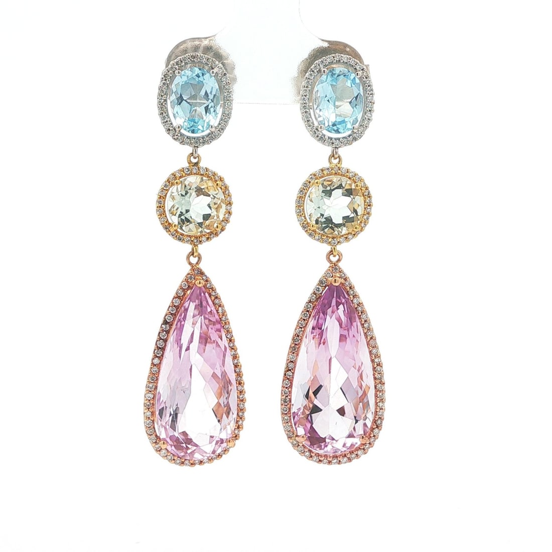 18k White and Rose Gold Dangle Earrings with Amethyst Blue Topaz Diamonds: 18k White and Rose Gold Dangle Earrings with Amethyst Blue Topaz Diamonds Elegant long dangle earrings featuring natural amethyst, blue topaz, and diamond accents in a two-tone solid gold design. Thes