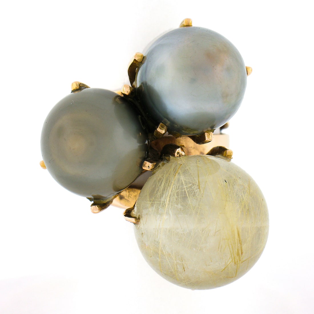 Vintage 18k Rose Gold Cocktail Ring with Tahitian Pearls and Rutilated Quartz: Vintage 18k Rose Gold Cocktail Ring with Tahitian Pearls and Rutilated Quartz Vintage high profile cocktail ring crafted in solid 18k rose gold, featuring two cultured Tahitian pearls and one rutilate