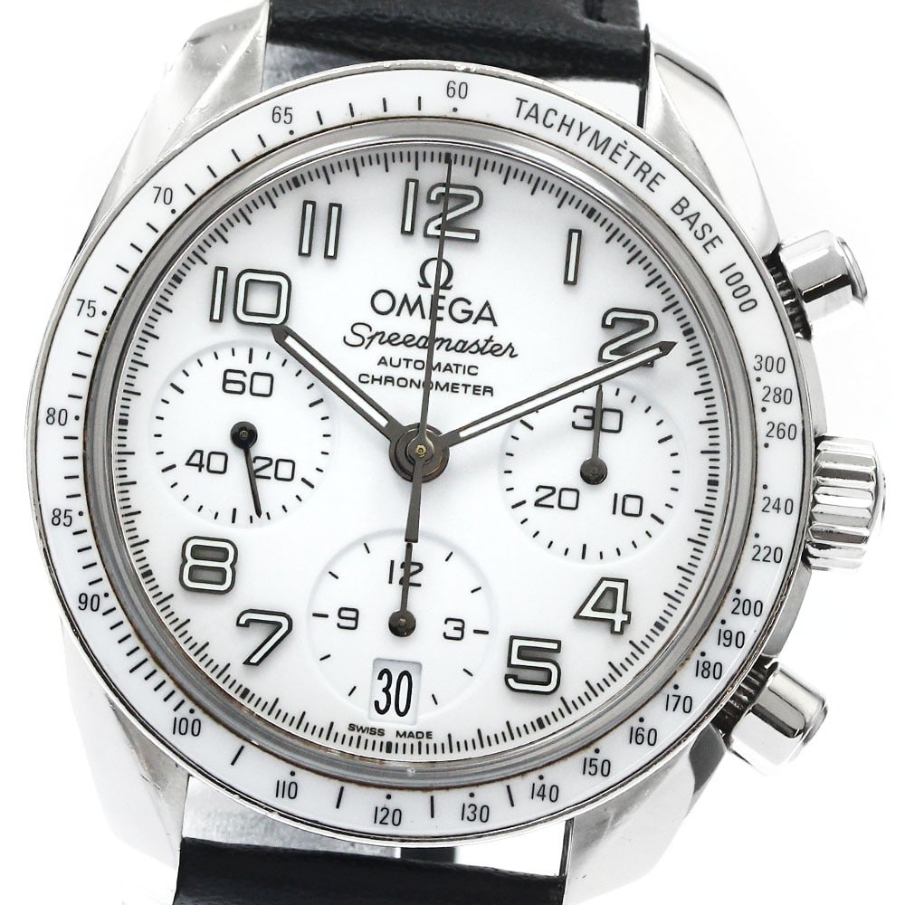 OMEGA Speedmaster 324.33.38.40.04.001 Ladies Chronograph Date Watch: OMEGA Speedmaster 324.33.38.40.04.001 Ladies Chronograph Date Watch Pre-owned Omega Speedmaster Date chronograph ladies wristwatch with a white dial and automatic movement. This stainless steel watch 