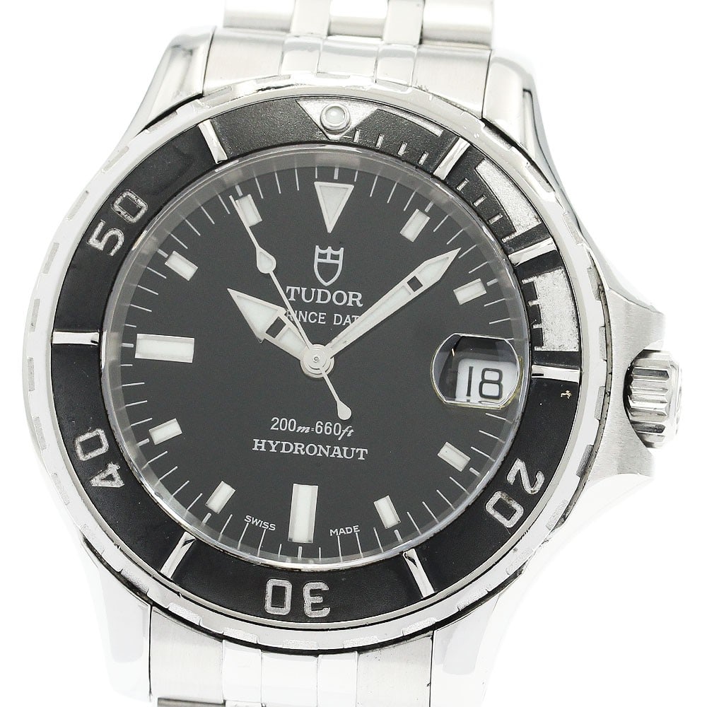 TUDOR Hydronaut 85190P mens automatic date wristwatch: TUDOR Hydronaut 85190P mens automatic date wristwatch Pre-owned TUDOR Hydronaut Date automatic men's wristwatch with a black dial and stainless steel case and bracelet. This watch-only offering featur