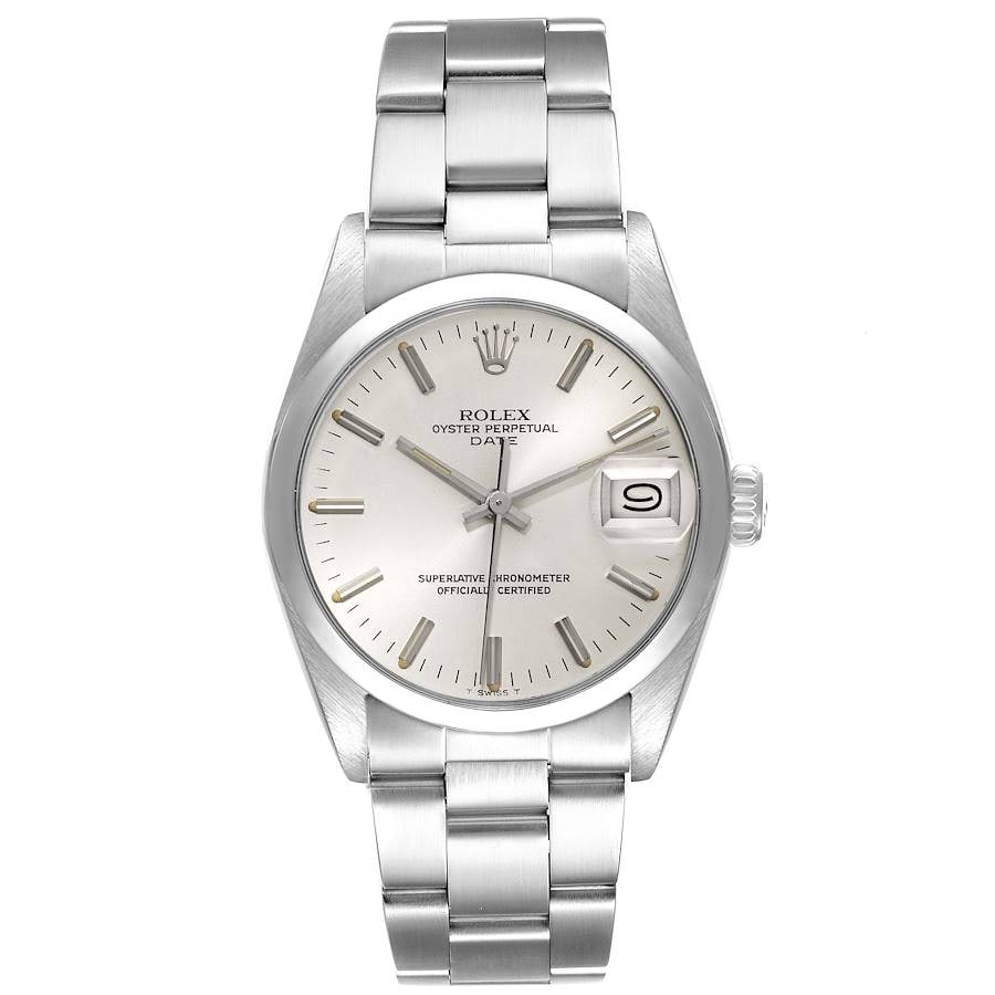 Rolex Ref 15000 Oyster Perpetual Date Watch Silver Stick Dial: Rolex Ref 15000 Oyster Perpetual Date Watch Silver Stick Dial Rolex Oyster Perpetual Date Ref. 15000 unisex watch with a silver stick dial, smooth bezel, and Oyster bracelet. The listing identifies th