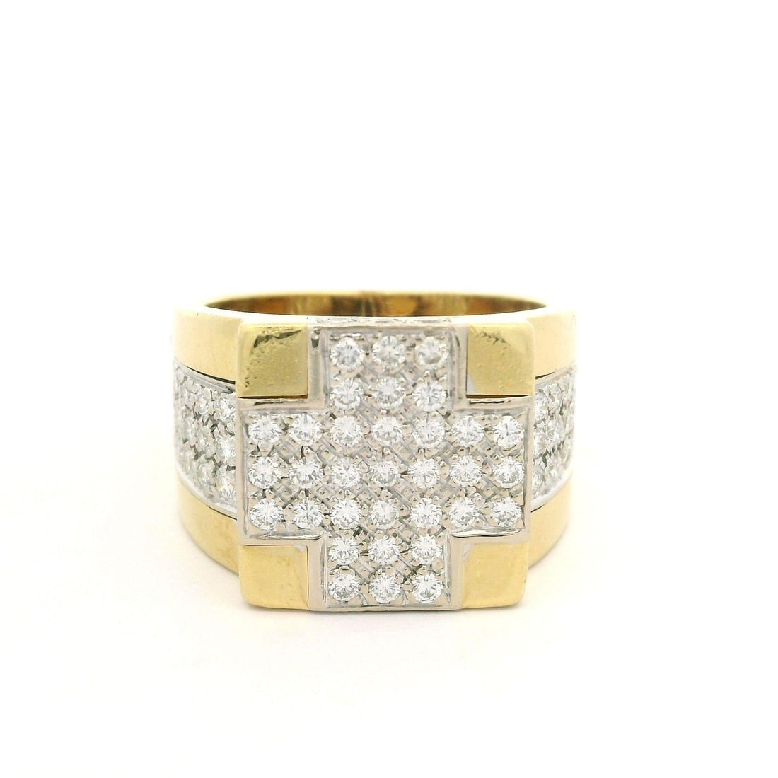 Wempe 18k Yellow Gold Diamond Cross Band Ring 1.10ctw 14.4mm: Wempe 18k Yellow Gold Diamond Cross Band Ring 1.10ctw 14.4mm This exquisite Wempe band ring features a stunning cross design adorned with (75) natural genuine diamonds, each cut in a round brilliant s