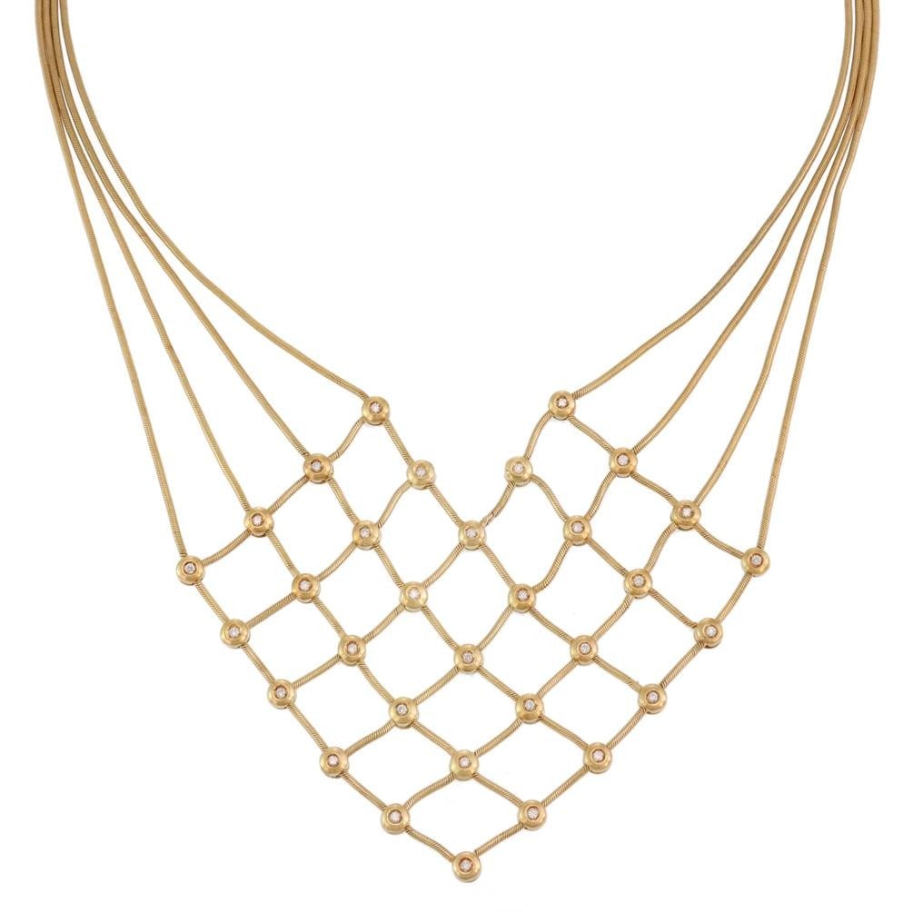 Estate 18k Yellow Gold Diamond Web Bib Necklace with 4 Snake Chains: Estate 18k Yellow Gold Diamond Web Bib Necklace with 4 Snake Chains This stunning estate necklace is expertly crafted from 18k yellow gold, featuring a captivating web centerpiece in a bib style adorn
