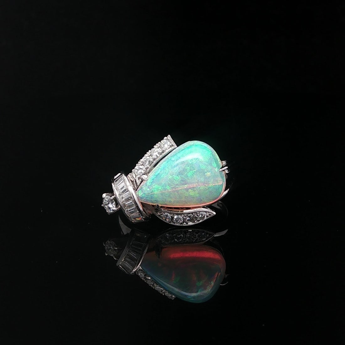 Women's Cocktail Ring Platinum Australian Opal and Diamond Insect Design: Women's Cocktail Ring Platinum Australian Opal and Diamond Insect Design Vintage cocktail ring crafted in solid .850+ platinum, featuring a natural genuine Australian opal in a pear cabochon cut with 