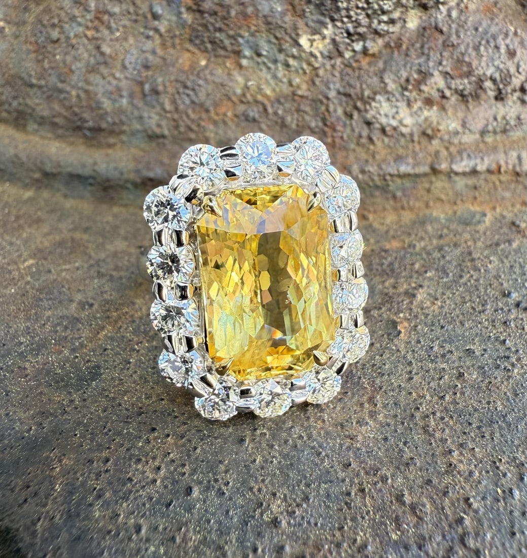 Yellow Sapphire and Diamond Halo Ring 18k Gold Platinum GIA GRS Certified 14.22ctw: Yellow Sapphire and Diamond Halo Ring 18k Gold Platinum GIA GRS Certified 14.22ctw This un-used cocktail ring features a large, natural octagonal-cut yellow sapphire weighing 11.47 carats, certified b