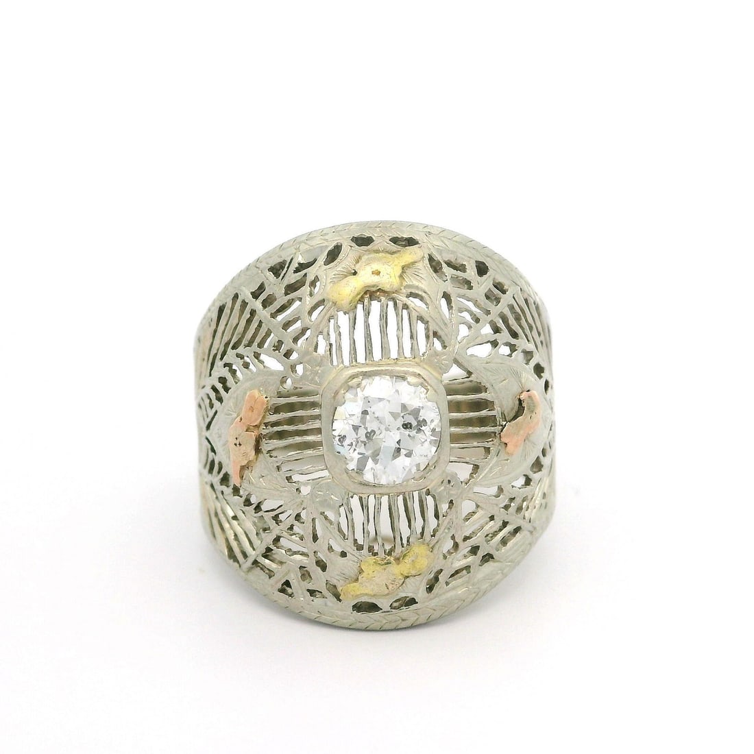 Antique Art Deco 14k Gold .60ct Diamond Filigree Cigar Band Ring: Antique Art Deco 14k Gold .60ct Diamond Filigree Cigar Band Ring This exquisite Antique Early Art Deco ring features a stunning 0.60ct diamond, elegantly set in a wide cigar band design. Crafted from 