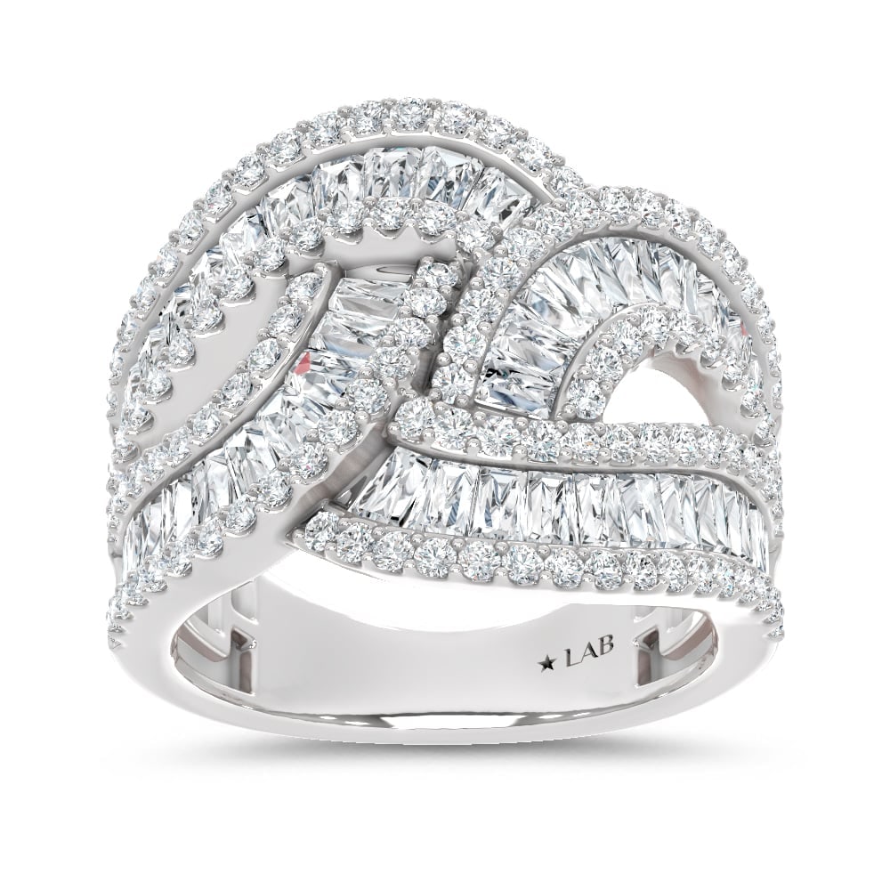 14K White Gold Lab Grown Diamond 2 3/8 Ct.Tw. Round and Tapper Fashion Ring: 14K White Gold Lab Grown Diamond 2 3/8 Ct.Tw. Round and Tapper Fashion Ring 14k White Gold Stone Color: D-f Stone Clarity: Vs Each ring is presented in standard size 6.5. Complimentary resizing is ava