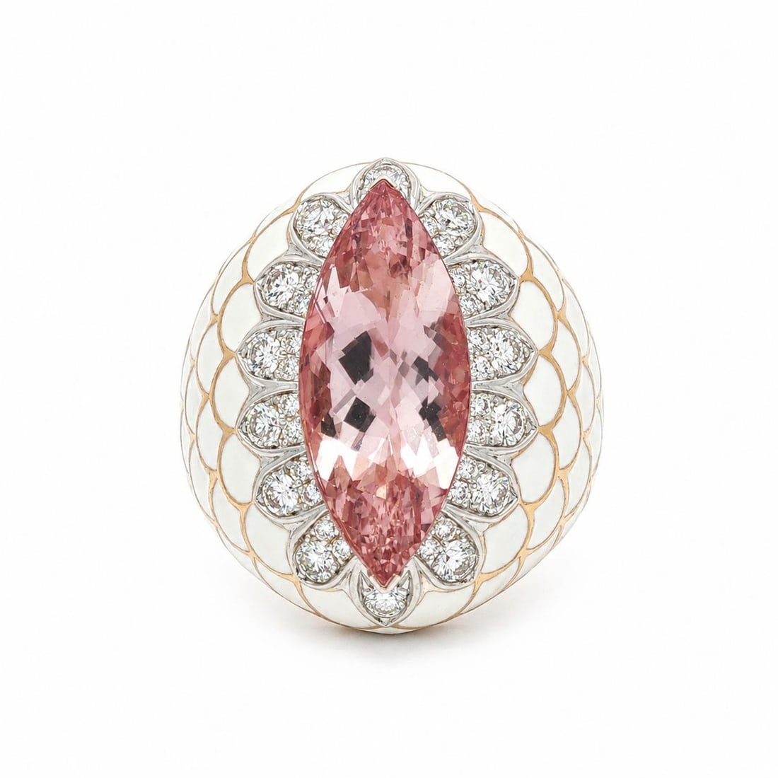 Wide Bombe Cocktail Ring 18k Yellow Gold Morganite Diamond White Enamel: Wide Bombe Cocktail Ring 18k Yellow Gold Morganite Diamond White Enamel Bold and sculptural cocktail ring featuring a marquise-cut natural genuine morganite accented by numerous round brilliant-cut na