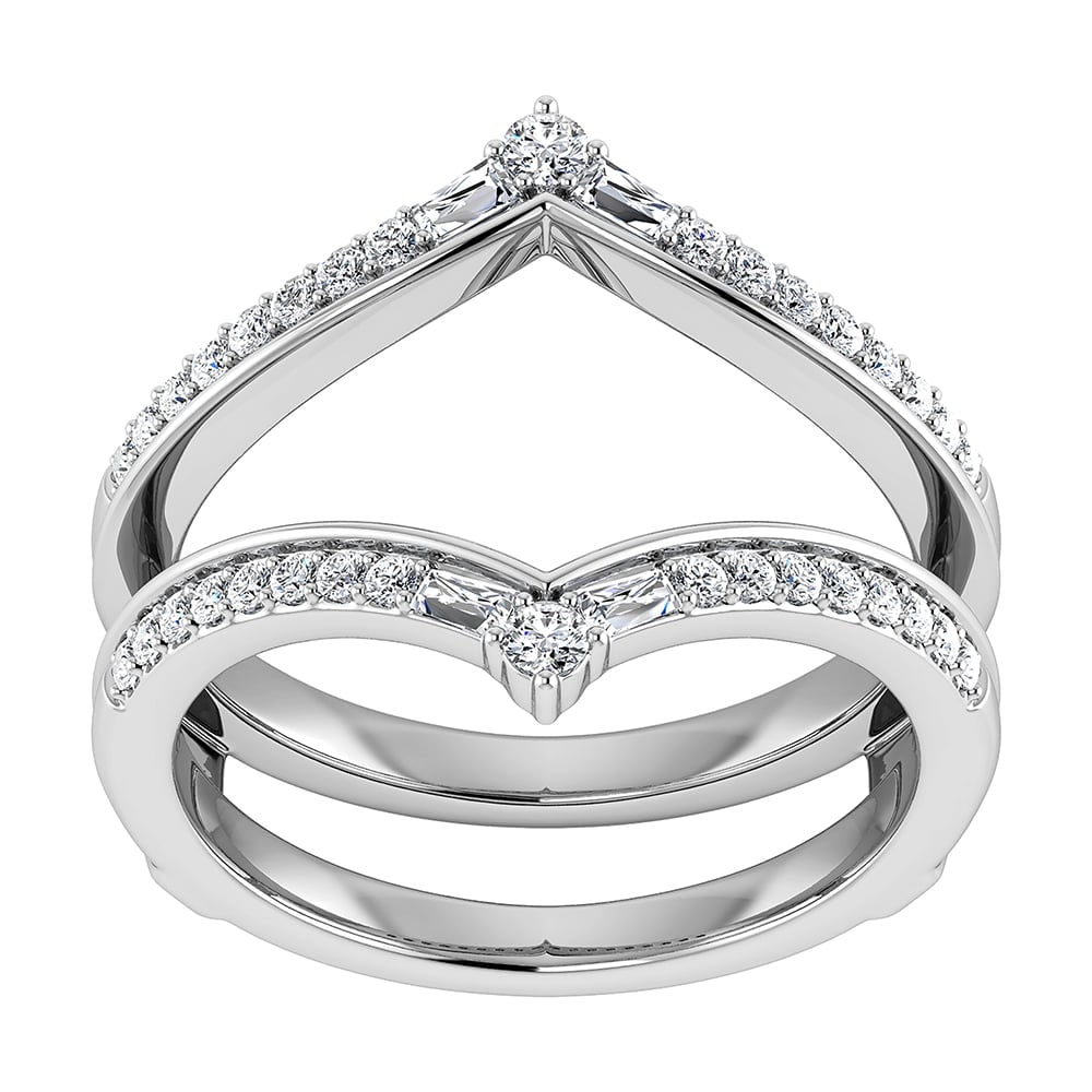 Diamond 1/3 Ct.Tw. Chevron Guard Ring in 14K White Gold: Diamond 1/3 Ct.Tw. Chevron Guard Ring in 14K White Gold 14k White Gold Stone Color: G-h Stone Clarity: I1 Each ring is presented in standard size 6.5. Complimentary resizing is available between sizes