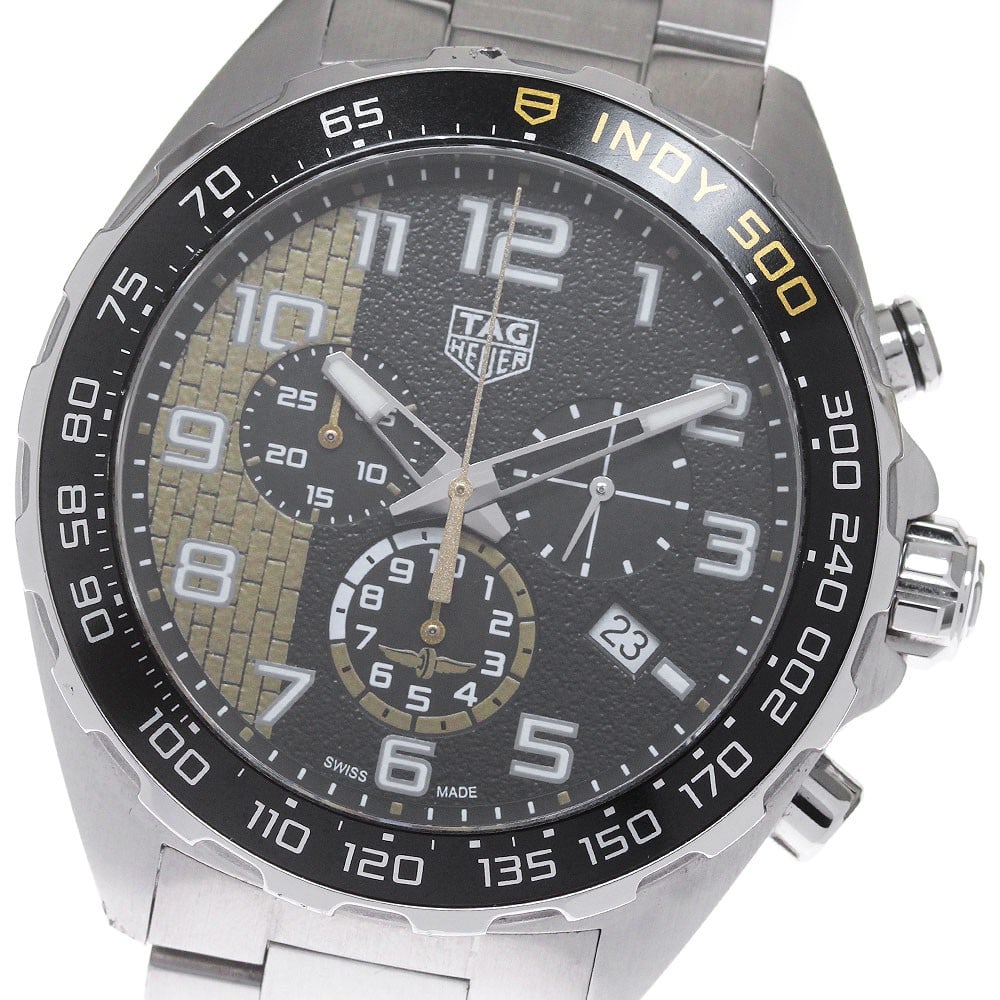 TAG Heuer Formula 1 Indy 500 Quartz Chronograph Mens Watch CAZ101AU: TAG Heuer Formula 1 Indy 500 Quartz Chronograph Mens Watch CAZ101AU Pre-owned TAG Heuer Formula 1 Indy 500 men's wristwatch with a black dial, quartz movement, and chronograph functionality. This stai
