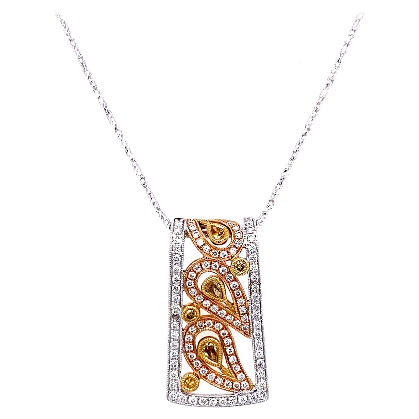 0.78ct Heart Pendant Necklace in 18k Gold with Diamonds: 0.78ct Heart Pendant Necklace in 18k Gold with Diamonds This stunning pendant necklace features a heart motif adorned with multi-shaped diamonds totaling 0.78 carats. The centerpiece showcases six nat