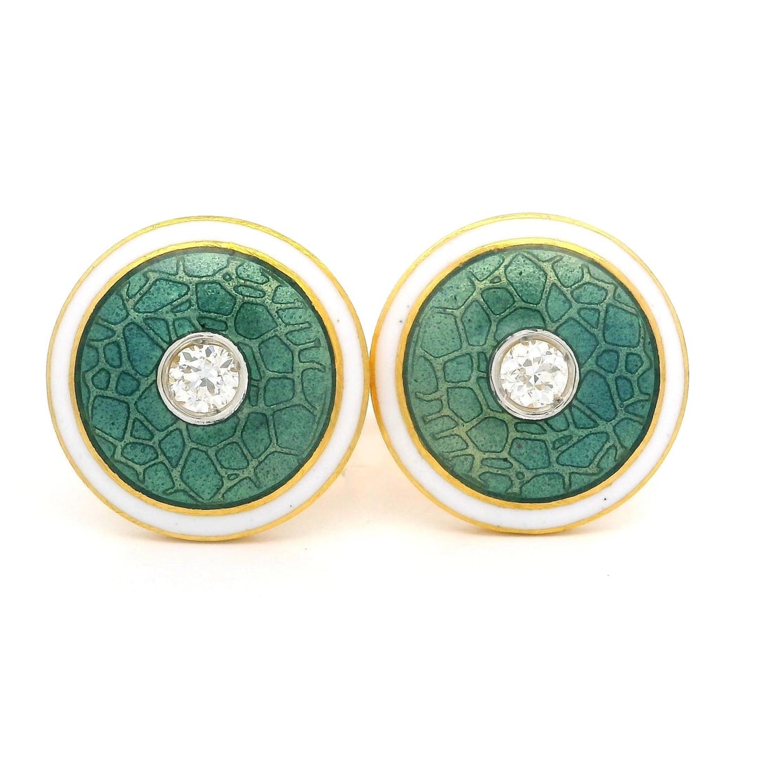 Vintage 18k Yellow Gold Diamond Guilloche Enamel Cufflinks: Vintage 18k Yellow Gold Diamond Guilloche Enamel Cufflinks These exquisite vintage cufflinks are crafted from solid 18k yellow gold, featuring a stunning guilloche design with white and greenish blue 