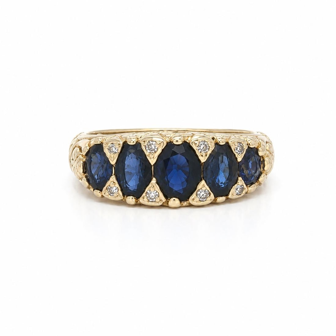 14k Yellow Gold Sapphire Diamond Band Ring Victorian Revival: 14k Yellow Gold Sapphire Diamond Band Ring Victorian Revival Vintage Victorian Revival ring crafted in solid 14k yellow gold and set with five natural oval sapphires accented by eight natural diamonds