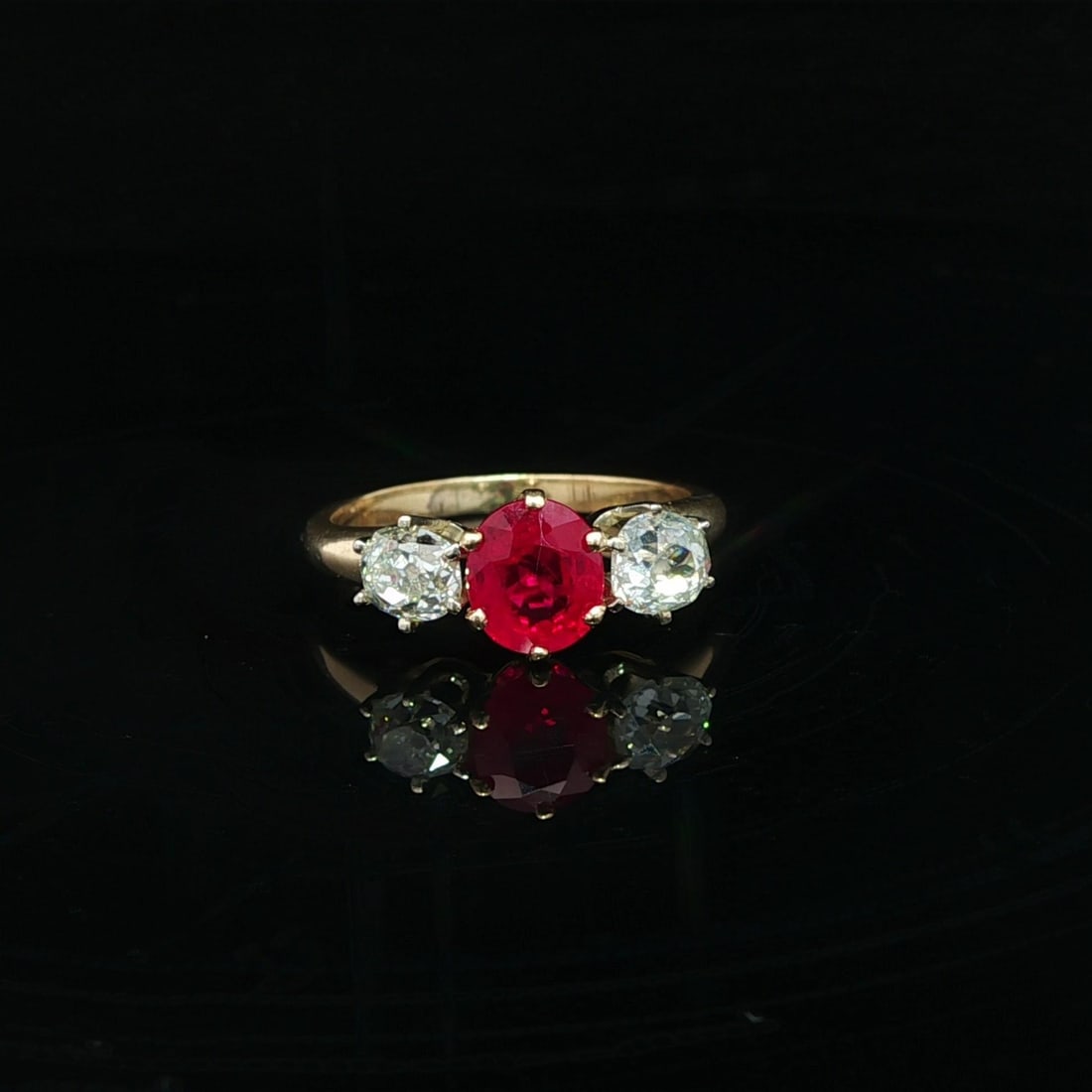 Vintage 14k Gold GIA Certified 1.91ctw Burma Ruby & Diamond 3 Stone Ring: Vintage 14k Gold GIA Certified 1.91ctw Burma Ruby & Diamond 3 Stone Ring This exquisite vintage cocktail ring showcases a stunning combination of natural Burma ruby and old mine cut diamonds. The cent