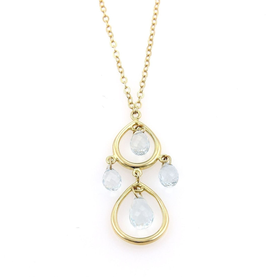 Tiffany & Co. Aquamarine Double Teardrop Necklace in 18k Yellow Gold: Tiffany & Co. Aquamarine Double Teardrop Necklace in 18k Yellow Gold Tiffany & Co. Aquamarine Double Teardrop Pendant Necklace in 18k yellow gold. This original signed necklace features a double teard