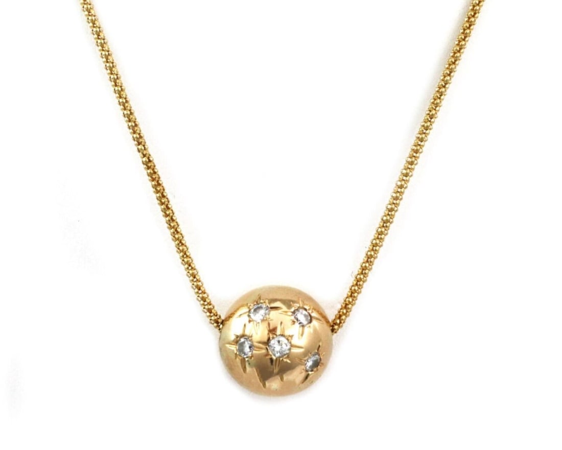 Vintage 14K Yellow Gold Mesh Necklace with Diamond Starburst Ball Pendant 19": Vintage 14K Yellow Gold Mesh Necklace with Diamond Starburst Ball Pendant 19" Vintage estate necklace featuring a diamond star burst ball pendant suspended from a flexible mesh necklace. Crafted in 14