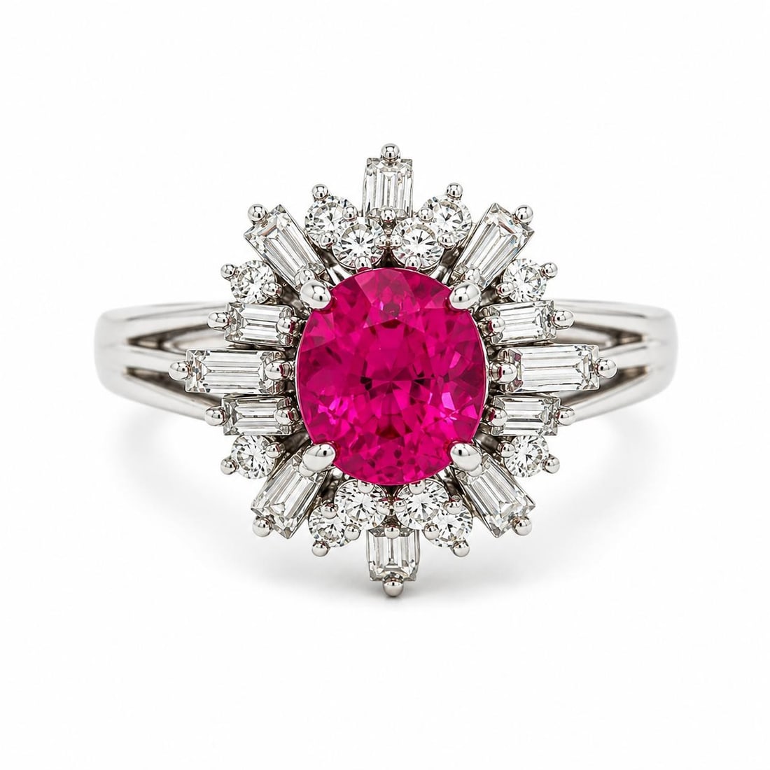 Unbranded Vintage Platinum Ring GIA Burma No Heat Pink Sapphire Diamond Accent: Unbranded Vintage Platinum Ring GIA Burma No Heat Pink Sapphire Diamond Accent Vintage cocktail ring featuring a natural vivid pink sapphire from Burma (Myanmar) accented by natural diamonds. The sapp
