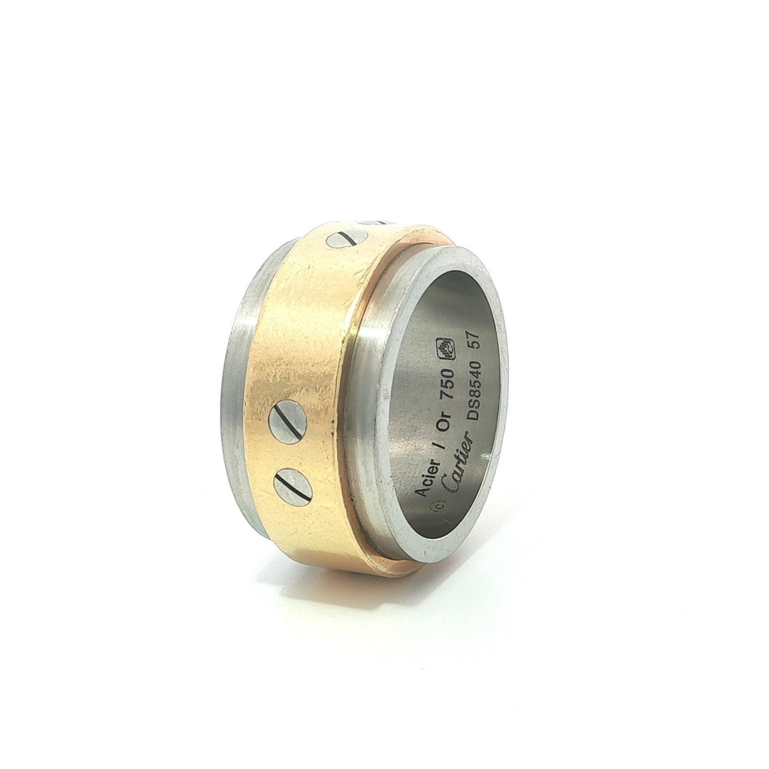 Cartier Santos 18k Yellow Gold Stainless Steel Band Ring Size 57 12mm: Cartier Santos 18k Yellow Gold Stainless Steel Band Ring Size 57 12mm Discontinued Santos de Cartier band ring crafted in solid 18k yellow gold with stainless steel. This unisex ring has a bold, wide 