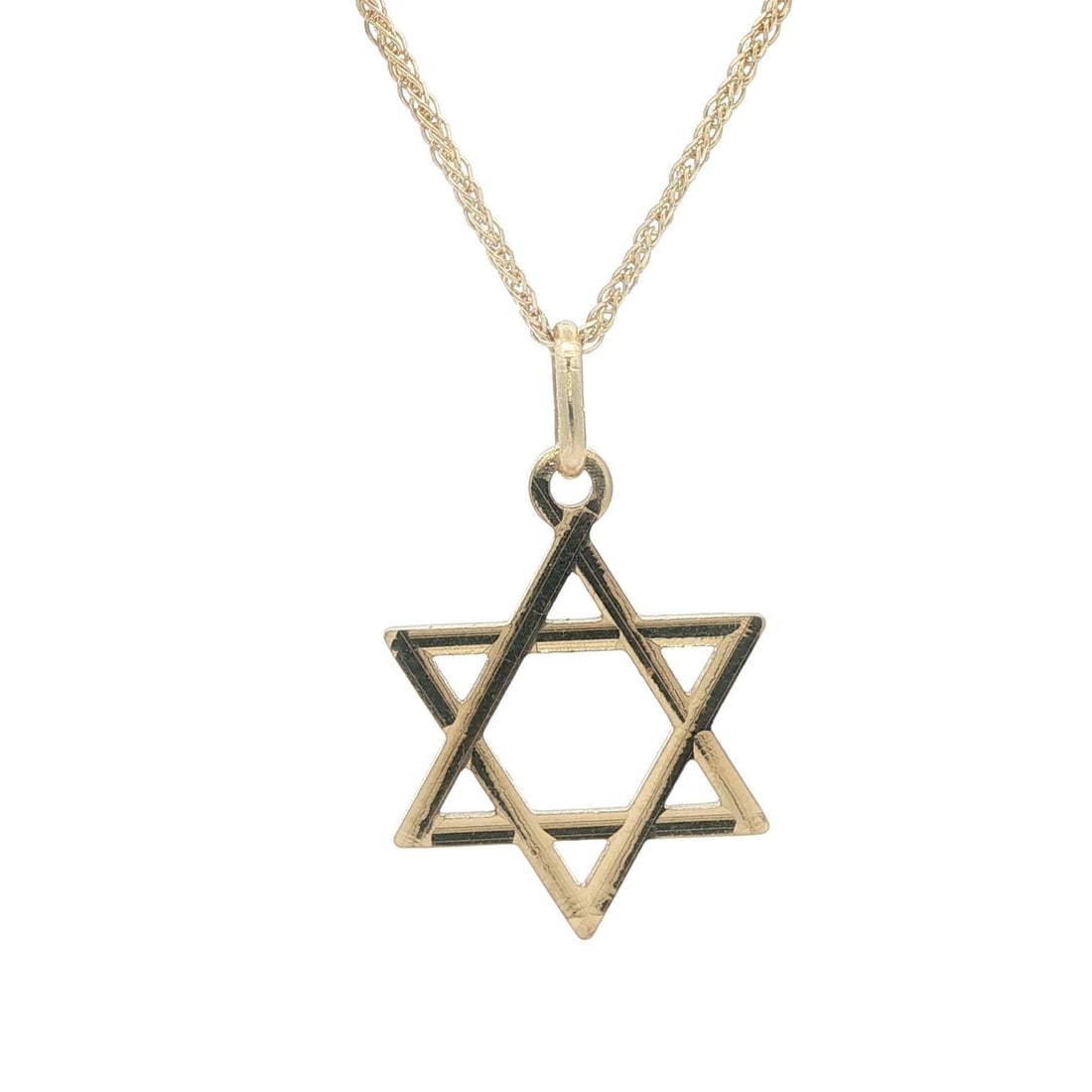 14k Yellow Gold Star of David Pendant with 25" Wheat Link Chain: 14k Yellow Gold Star of David Pendant with 25" Wheat Link Chain This elegant necklace features a beautiful open Star of David pendant crafted from solid 14k yellow gold. The pendant hangs from a 25-in
