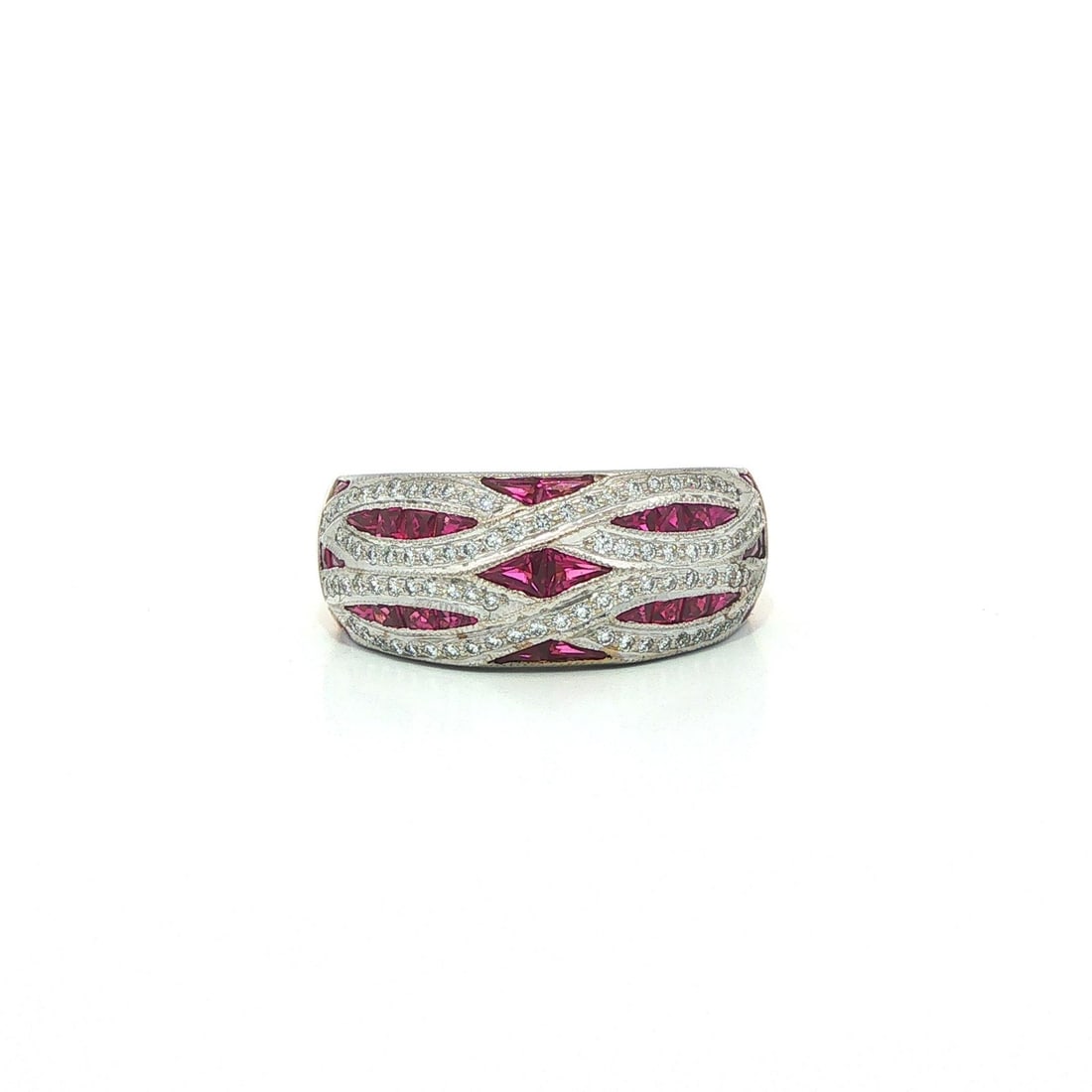 Wide Domed Band Ring in 18k Yellow White Gold Ruby Diamond 1.56ctw: Wide Domed Band Ring in 18k Yellow White Gold Ruby Diamond 1.56ctw Wide wavy domed band ring crafted in solid 18k yellow and white gold, featuring natural rubies and diamonds in a bold dome style. The