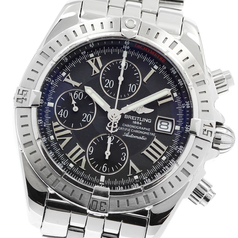 Breitling Chronomat Evolution A13356 Automatic Mens Date Chronograph Watch: Breitling Chronomat Evolution A13356 Automatic Mens Date Chronograph Watch Pre-owned Breitling Chronomat Evolution men's automatic wristwatch with a black dial and stainless steel case and bracelet. T