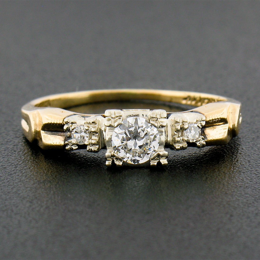 Unbranded Vintage 14k Two Tone Gold Diamond Ring Size 6.5: Unbranded Vintage 14k Two Tone Gold Diamond Ring Size 6.5 Vintage 14k two-tone gold ring featuring an old European cut natural diamond at the center with two old single cut natural diamonds as side ac